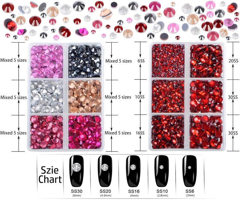LPBeads 6400 Pieces Red and 6 Colors Hotfix Rhinestones Flat Back 5 Mixed Sizes Crystal Round Glass Gems with Tweezers and Picking Rhinestones Pen - Image 2